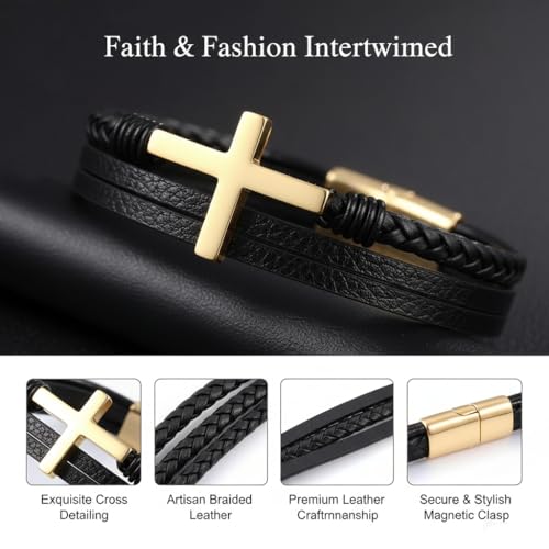 Stainless Steel Braided Leather Bracelet for Men Cuff Bangle Cross - color: 1-gold