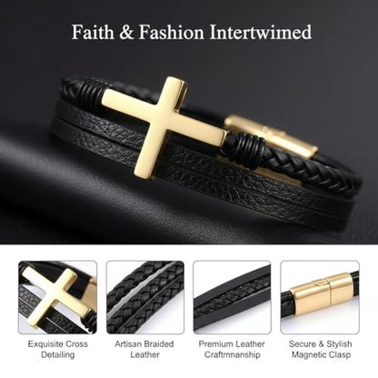 Stainless Steel Braided Leather Bracelet for Men Cuff Bangle Cross - color: 1-gold