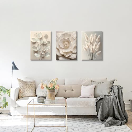 WENGTIAO 3Pcs Beige Floral Botanical Frame Canvas Wall Art 16"x24"x3 - color: Flower-White botanical, size: 16"x24"x3Pcs