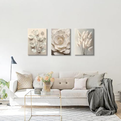 WENGTIAO 3Pcs Beige Floral Botanical Frame Canvas Wall Art 16"x24"x3 - color: Flower-White botanical, size: 16"x24"x3Pcs