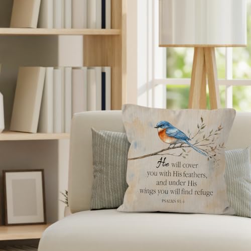 Farmhouse Christian Bible Verse Blue Bird Throw Pillow Cover 18x18 - color: Christian