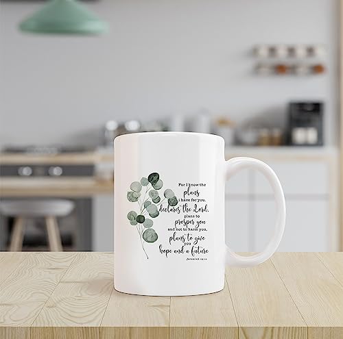 Christian Bible Scripture Jeremiah 29:11 for I Know the Plans I Have for You Watercolor Eucalyptus Leaf Ceramic Mug-11oz Coffee Milk Tea Mug Cup with Handle,Christian Gifts - color: Bible3