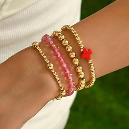 Colorful Cross Charm Bracelets for Women Men Adjustable Gold Plated Beaded Bracelet Boho Bead Ball Stretch Bracelet Birthday Summer Beach Jewelry - color: Red B