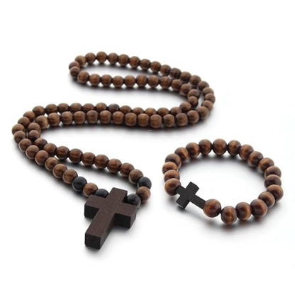 FORUBUS Wooden Cross Pendant Necklace - Wood Beads Cross Religion Necklace for Women Men Believer Prayer Baptism Jewelry - color: A set