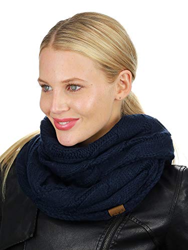 C.C Women's Winter Cable Knit Sherpa Lined Warm Infinity Pullover Scarf - color: Navy