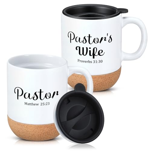 Domensi 2 Pcs Pastor and Wife Mugs 15 oz Ceramic Coffee Cups with Lid and Cork Bottom, Christian Bible Verse Religious Gifts for Clergy Appreciation Month, Anniversary, Christmas, Birthday