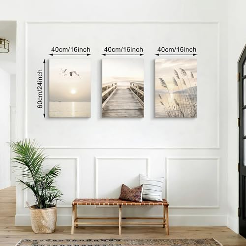 WENGTIAO Seascape Wall Art Beige Reeds Sunset Canvas Paintings 16"x24"x3 - color: Peaceful Bridge Beside Sea, size: 16"x24"x3Pcs