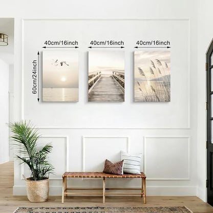 WENGTIAO Seascape Wall Art Beige Reeds Sunset Canvas Paintings 16"x24"x3 - color: Peaceful Bridge Beside Sea, size: 16"x24"x3Pcs