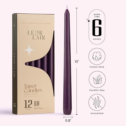 Leor & Lair Purple Taper Candles, 12 Pack, 10" Tall Candlesticks, Unscented - color: Purple