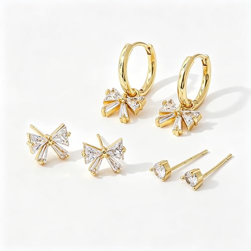 SHERLOVE Gold Earring Stacks Women 3Pairs Dangle Stud Huggie Hoop Set - color: 3 Pairs-Bow 01 Stud Gold