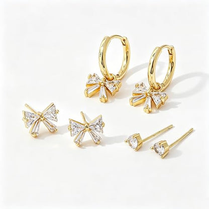 SHERLOVE Gold Earring Stacks Women 3Pairs Dangle Stud Huggie Hoop Set - color: 3 Pairs-Bow 01 Stud Gold
