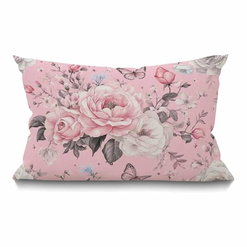 Floral Farmhouse Oblong Rectangle Throw Pillow Case Flowers And Leaves Pink Watercolor Floral Bolossom Flower Rose Spring Cotton Linen Cushion Cover Sofa Armchair Bedroom Livingroom 12x20 Inch - color: Md002
