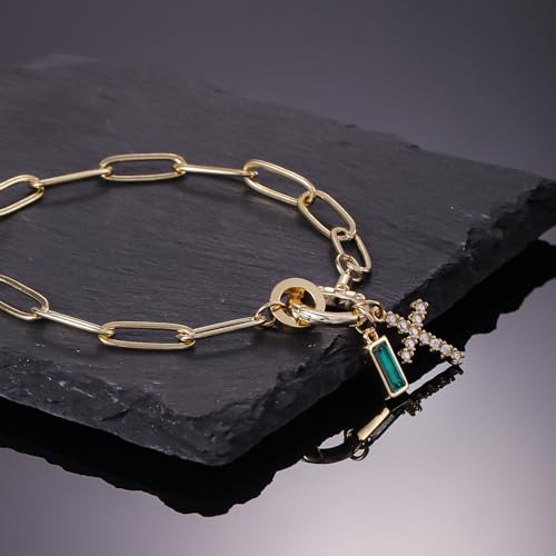 Paperclip Birthstone Cross Charm Bracelet – 18K Gold Plated Link Chain with Cross Charm & Personalized Birthstone, Adjustable Faith Jewelry Gift for Women, Baptism Confirmation Birthday - color: Aug - Peridot