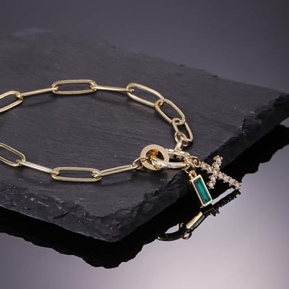 Paperclip Birthstone Cross Charm Bracelet – 18K Gold Plated Link Chain with Cross Charm & Personalized Birthstone, Adjustable Faith Jewelry Gift for Women, Baptism Confirmation Birthday - color: Sep - Sapphire
