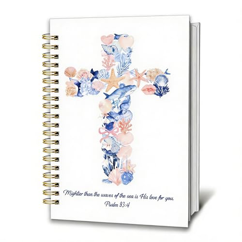 Cross Bible Journal Notebook, Christian Gifts for Women, Seashell Christian Spiral Note Book, Psalm 93:4 Religions Gifts Hardcover Journaling for Church Notes 5.5x8.3 Inch - color: Seashell Cross