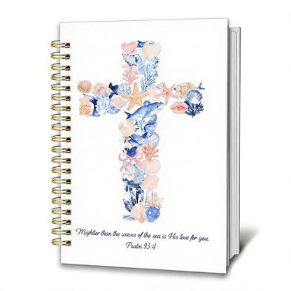 Cross Bible Journal Notebook, Christian Gifts for Women, Seashell Christian Spiral Note Book, Psalm 93:4 Religions Gifts Hardcover Journaling for Church Notes 5.5x8.3 Inch - color: Seashell Cross