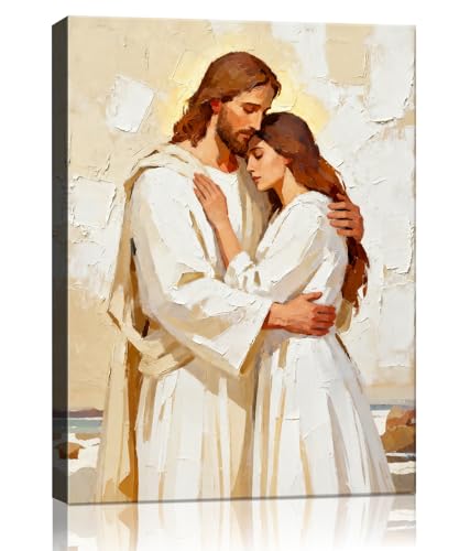 Vintage Jesus Embracing Woman Canvas Wall Art,Woman Lying Safely In The Arms Of Jesus Wall Decor,Christian Texture Painting Print Poster Decor for Bedroom Church Living Room 16 x 24 Inch Framed - color: Embrace -3, size: 16"L x 24"W