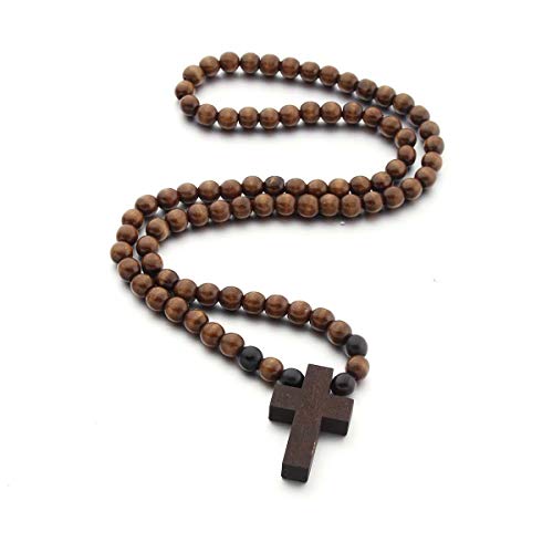 COLORFUL BLING Natural Wooden Catholic Rosaries Wood Crucifix Prayer Beads Pendant Necklace Prayer Jesus Religious Cross Rosary Necklace Handmade Jewelry - color: round dark