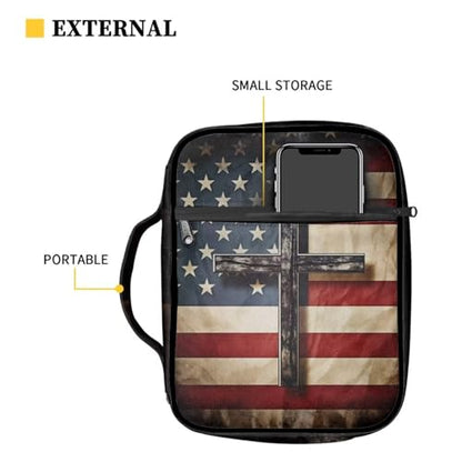 Suobstales American Flag Cross Print Bible Cover Bible Case for Women Men Lightweight Carrying Book Cover Church Bag Bible Protective Bag with Handle and Zippered Pocket - color: American Flag Cross 2