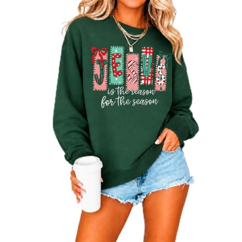 Women's Christian Christmas Sweatshirt Jesus Graphic Crewneck Holiday Top - color: Greena, size: XX-Large