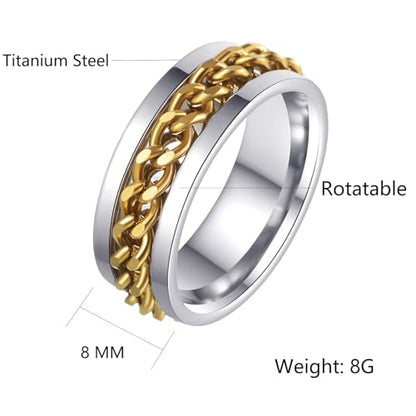 Mens Fidget Rings Anxiety Ring for Men 6mm 8mm Chain Spinner Ring Size 5-14 - color: Silver Gold