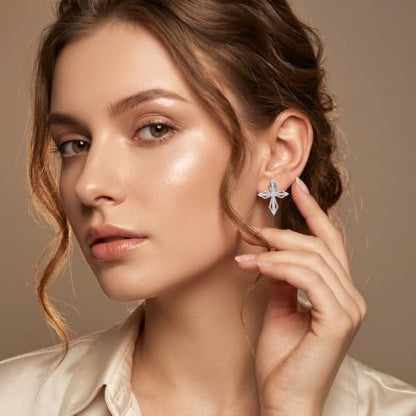 Sterling Silver Dainty Cross Earrings For Women, Christian Religious Faith Cubic Zirconia Stud Earrings - color: white