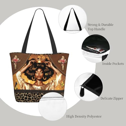 Women's Canvas Tote Bag with Zipper, Large Capacity Shoulder Bag for Work, Travel & Daily Use, Gifts for Mom - color: With God All Things Are Possible