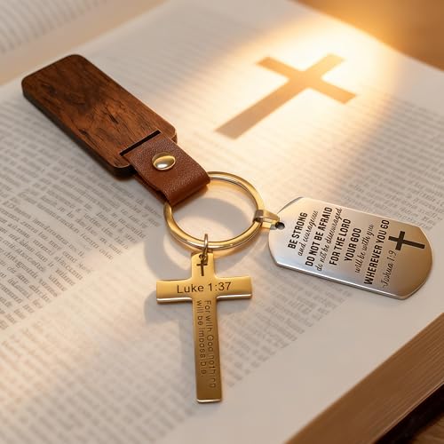 Christian Keychain with Bible Verse - Joshua 1:9 Luke 1:37 Cross Key Ring, Religious Inspirational Gift for Men Women Christian Keychain with Bible Verse
