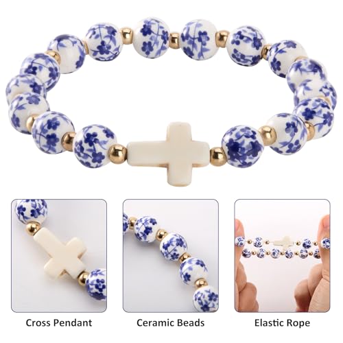 Cross Bracelet for Women - Christian Cross Beaded Bracelet Religious Jewelry for Women, Catholic Confirmation Gifts Inspirational Stretch with Charm, Meaningful Confirmation Jewelry Gifts - color: Blue