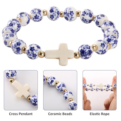 Cross Bracelet for Women - Christian Cross Beaded Bracelet Religious Jewelry for Women, Catholic Confirmation Gifts Inspirational Stretch with Charm, Meaningful Confirmation Jewelry Gifts - color: Blue