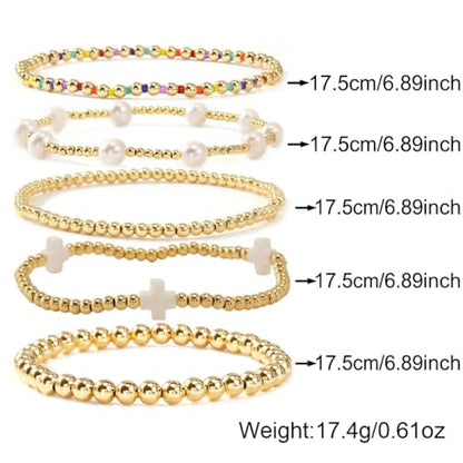 Gold Beaded Bracelets Stack for Women Stackable 14K Gold Plated Beads Ball Cross Bracelet Boho Christian Jewelry Faith Friendship Birthday Gifts for Women - color: White-2