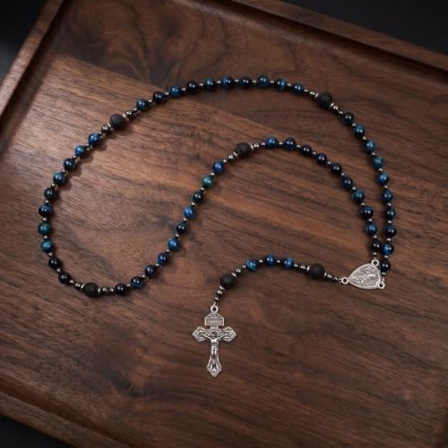 Nazareth Store Blue Tiger Eye Rosary Beads, Handmade Catholic Rosary Necklace with Lava Stone Beads and Our Father Crucifix, Five Decade Prayer Rosary, Religious Gift - style: Our Father
