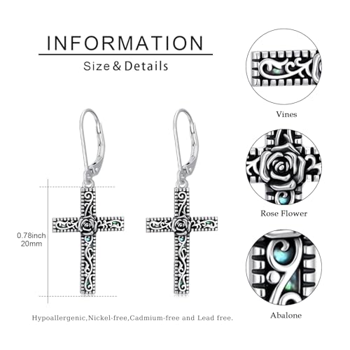 925 Sterling Silver Sunflower/Rose/Plumeria/Hibiscus/Mushroom Cross Earrings for Women Hawaiian Flower/Butterfly Cross Dangle Drop Earrings Jewelry Faith Christian Gift for Her Daughter Wife Girlfriend - style: Rose
