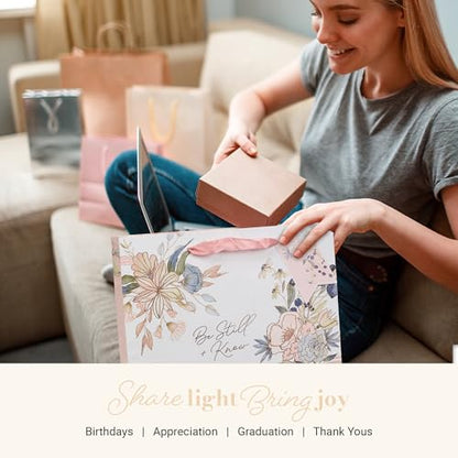 Christian Art Gifts Large White Gift Bag with Tissue, Be Still & Know - color: Be Still/White & Pink Multicolor Floral, style: Large Landscape
