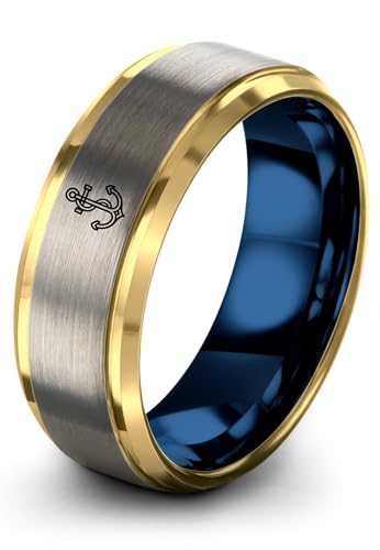 Gift for Nautical Fan - Anchor With Rope Ring - Men Women - Tungsten - Flat Dome Bevel - Band - Yellow Gold Black Silver Blue - Anniversary Wedding - 8mm - Brushed Polished - Personalized Custom Engra - color: 09 - Yellow Gold Blue Grey Tungsten