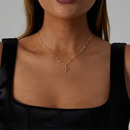 VIROMY Gold Cross Necklace for Women 14K Gold Plated Cute Sidways Cross Pendant Choker Necklaces Simple Trendy Everyday Jewelry for Women - style: Tiny Lace Chain Cross-38CM-Gold