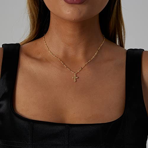 VIROMY Gold Cross Necklace for Women 14K Gold Plated Cute Sidways Cross Pendant Choker Necklaces Simple Trendy Everyday Jewelry for Women - style: Tiny Lace Chain Cross-38CM-Gold