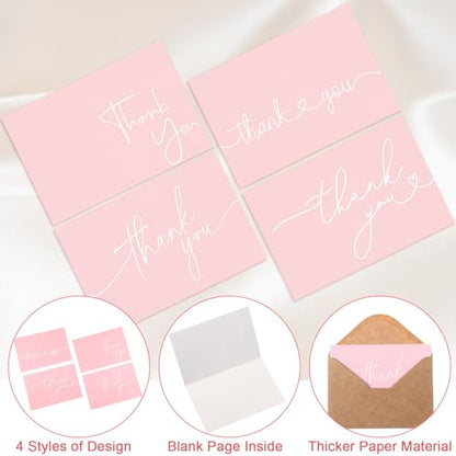 Teling 200 Set Thank You Cards with Envelopes Bulk, 6 x 4 Inch Blank Thank U Greeting Notes with Brown Kraft Envelopes Stickers Thankyou Card Set for Graduation Wedding Birthday Baby Shower(Pink) - color: Pink