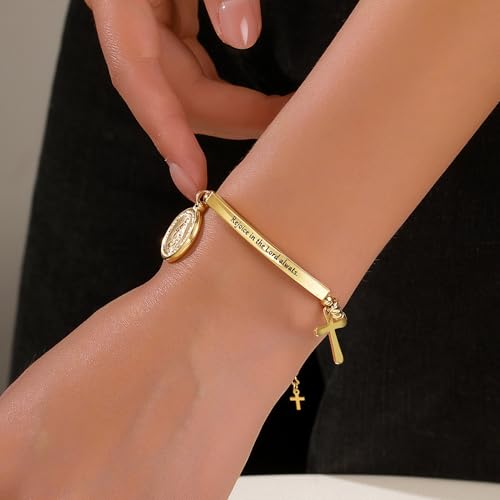 DS Women Christian Charm Bracelet,Cross Scripture Stainless Steel Jewelry - style: Rejoice in the Lord always. -Gold