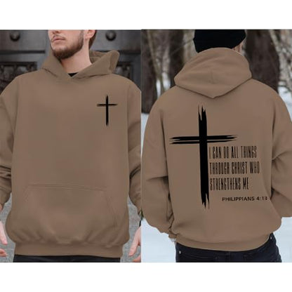 Tuislay Mens I Can Do All Things Through Christ Hoodies Christian Jesus Hoodie Religious Cross Sweatshirt Faith Pullover Tops - color: Coffee, size: Large