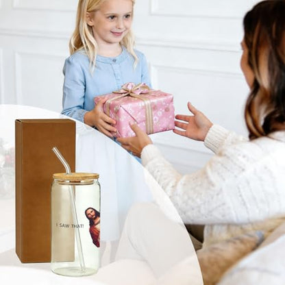 IWXYI I Saw That Glass Cup with Lids and Straws 14oz, Funny Gifts for Women Men Friends, I Saw That Iced Coffee Tea Drinking Glasses with Cleaning Brush - color: Funny