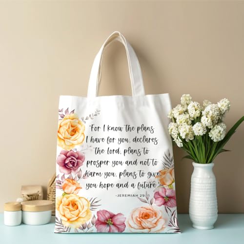 Positive Religious Christian Gifts Canvas Tote Bag for Women Christmas Birthday Cute Beach Reusable Grocery Bags - color: Jeremian 29 11 Flower