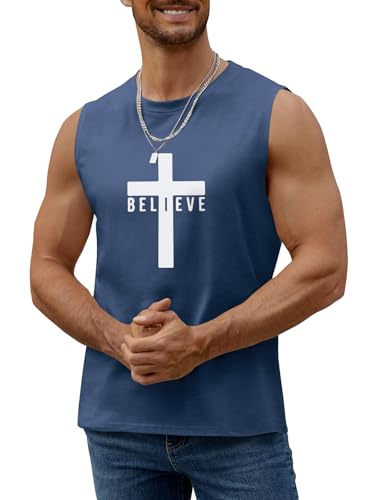 Men's Cotton Graphic Tank Tops Jesus Cross Believe Printed Faith Christian Shirts - color: Navy Blue, size: Large