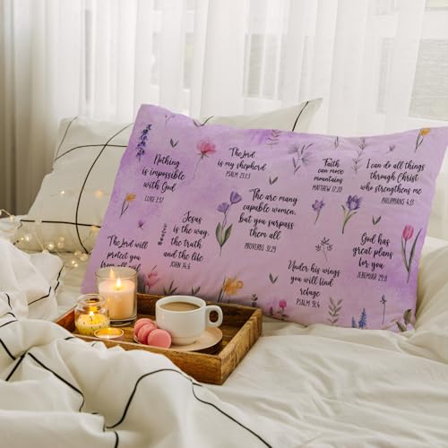 JINYO Inspirational Christian Bible Verse Purple Floral Pillow Cover 12x20, Motivational Scripture Religious Lumbar Pillow Cover for Couch Bed Home Bedroom Living Room Office - color: Bible Pillow Covers(purple)