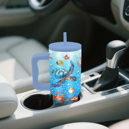 24 oz Tumbler with Handle and Straw, Sea Turtle Gifts, Stainless Steel - color: Sea Turtle 2