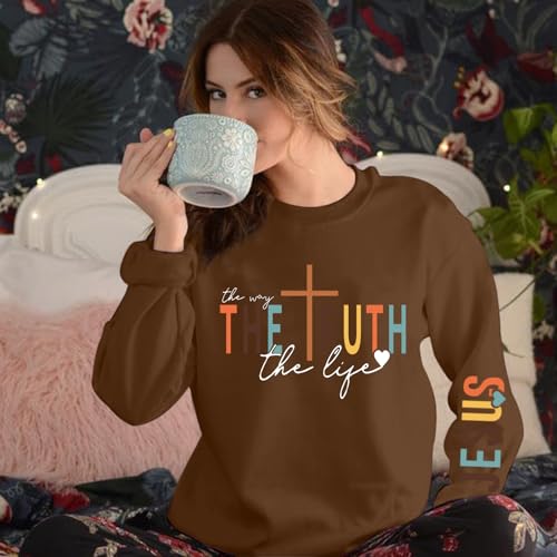 Tuislay Christian Sweatshirt Womens Jesus God Pullover Bible Verse Crewneck Sweatshirts Religious Cross Graphic Shirts - color: Brown, size: X-Large