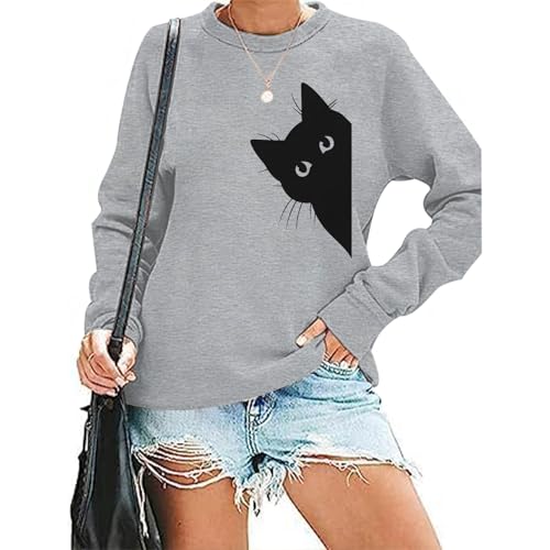 Cat Sweatshirts for Women Graphic Print Sweatshirt Funny Long Sleeve Shirt Cute Pullover Lightweight Hoodie Tops - color: Light Gray, size: XX-Large