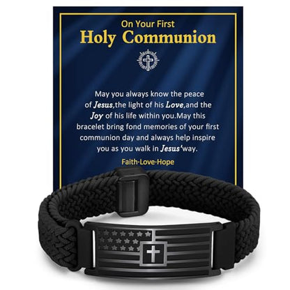 VNOX American Flag Cross Bible Verse Bracelet for Men Teen Boys Kids Stocking Stuffers,Religious Christian Jewelry Mens Easter Valentines Baptism Birthday Gift Ideas - style: HolyCommunion