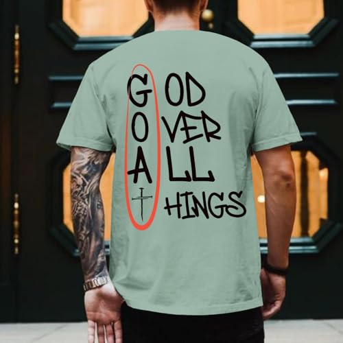 Christian God Over All Things Shirt for Men Jesus Religious Shirts Faith Bible Verse Tshirt Cross Graphic Tee Top - color: Aqua Green, size: Large
