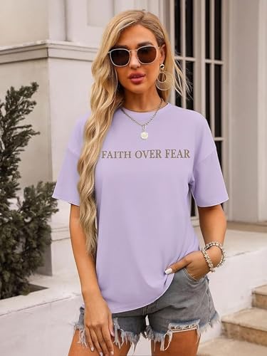 Faith Over Fear Shirt for Women Graphic Shirts Oversized Graphic Christian Tshirts Tees Tops - color: Purple, size: Medium